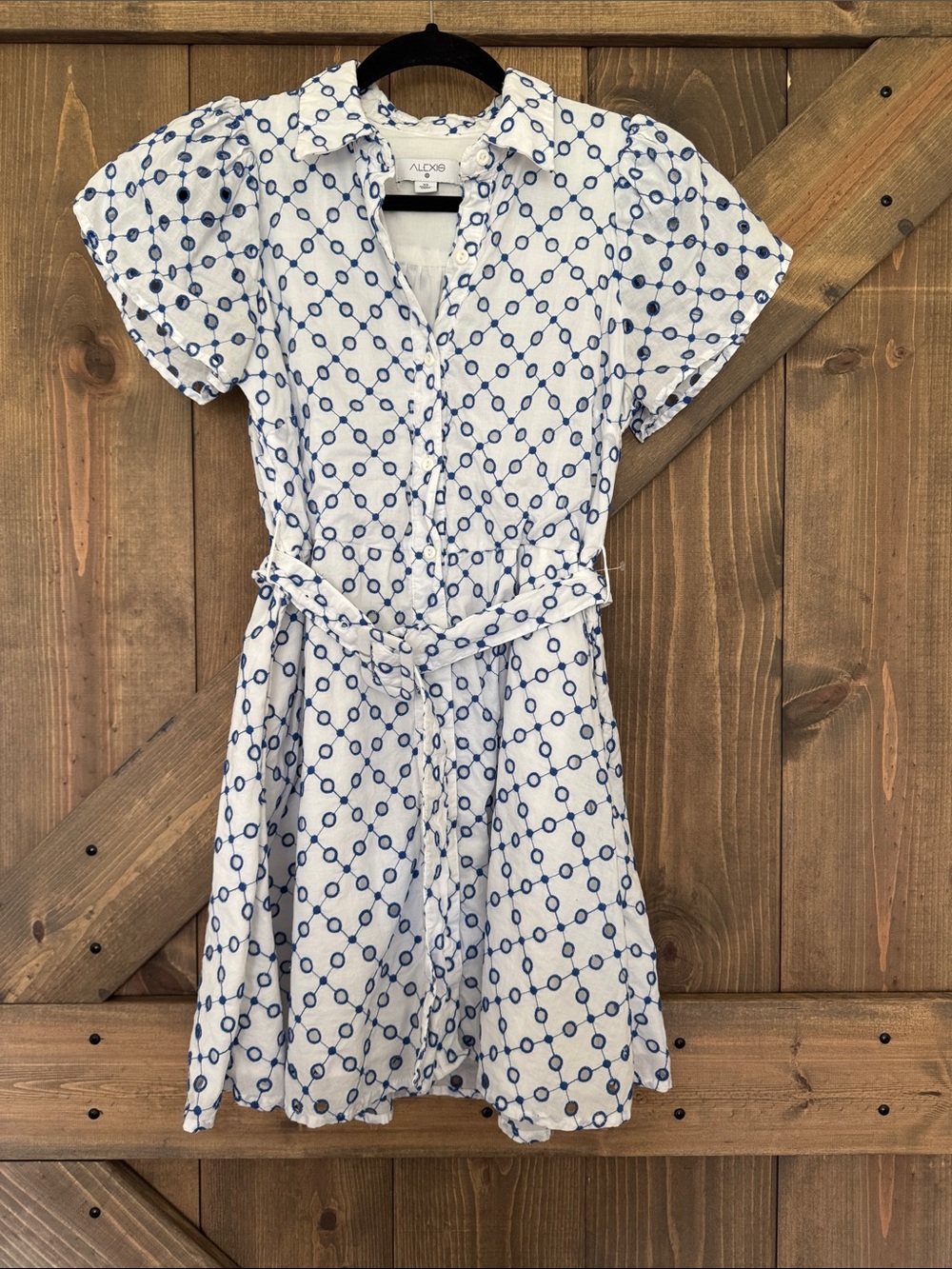 Alexis White Dress with Blue Eyelet Embroidery & Belt Size XS